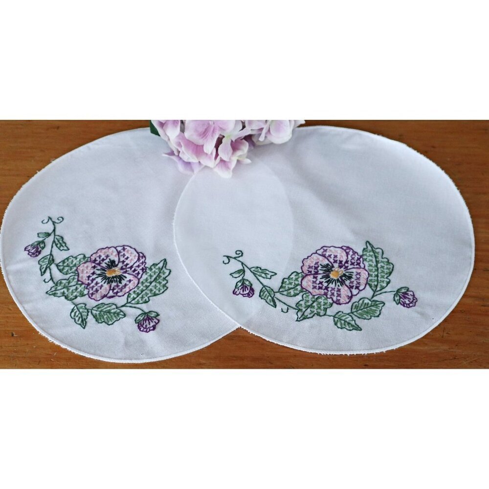 2 Vintage Doily Doilies Hand Embroidered Purple Flower Table Topper Cotton